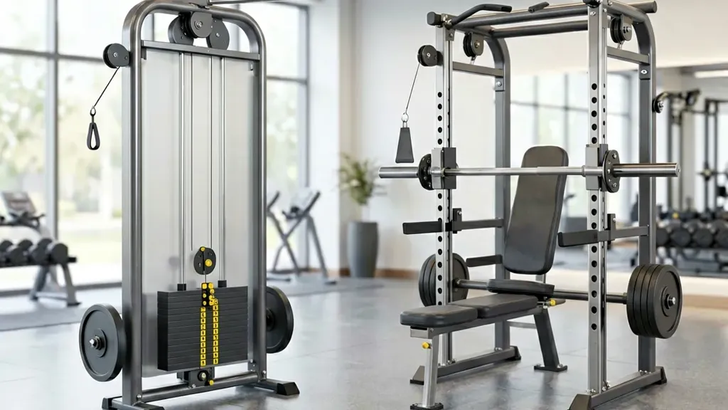 RitFit commercial strength equipment procurement evaluation — dual-pulley functional trainer and power rack on a light-commercial strength floor