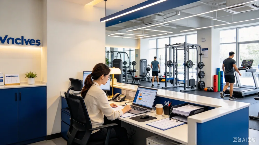 Gym operations manager reviewing membership and revenue reports at a fitness club front desk